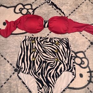 Retro Zebra High-Waisted Bikini Set Hot Pink Bikini Top & Gold Button Bottoms S